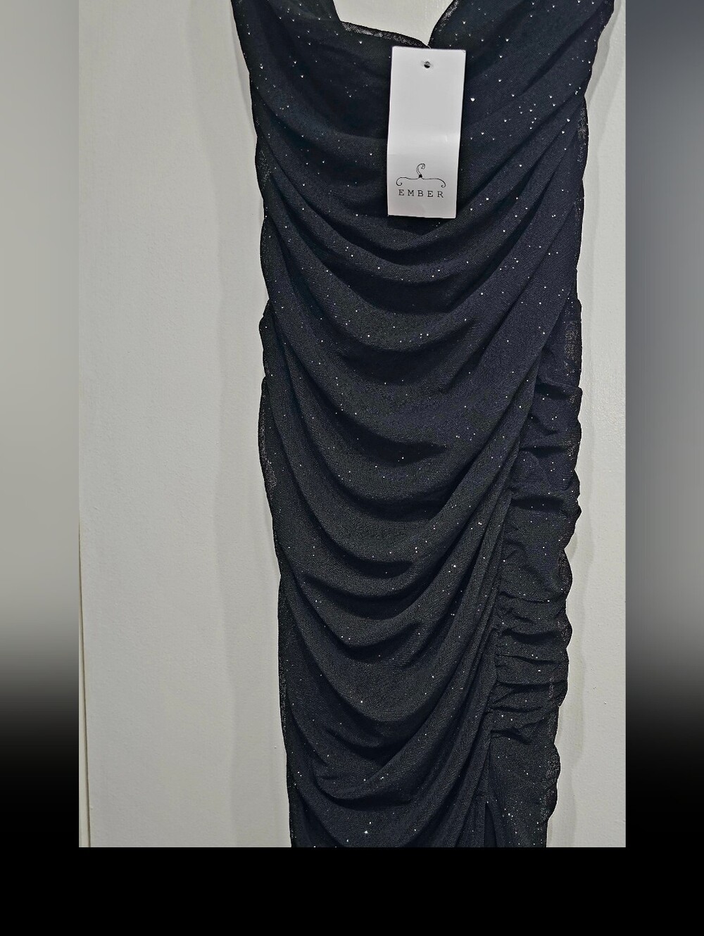 Ember Black Glitter Ruched Draped Maxi Dress Front Split NWT Size L